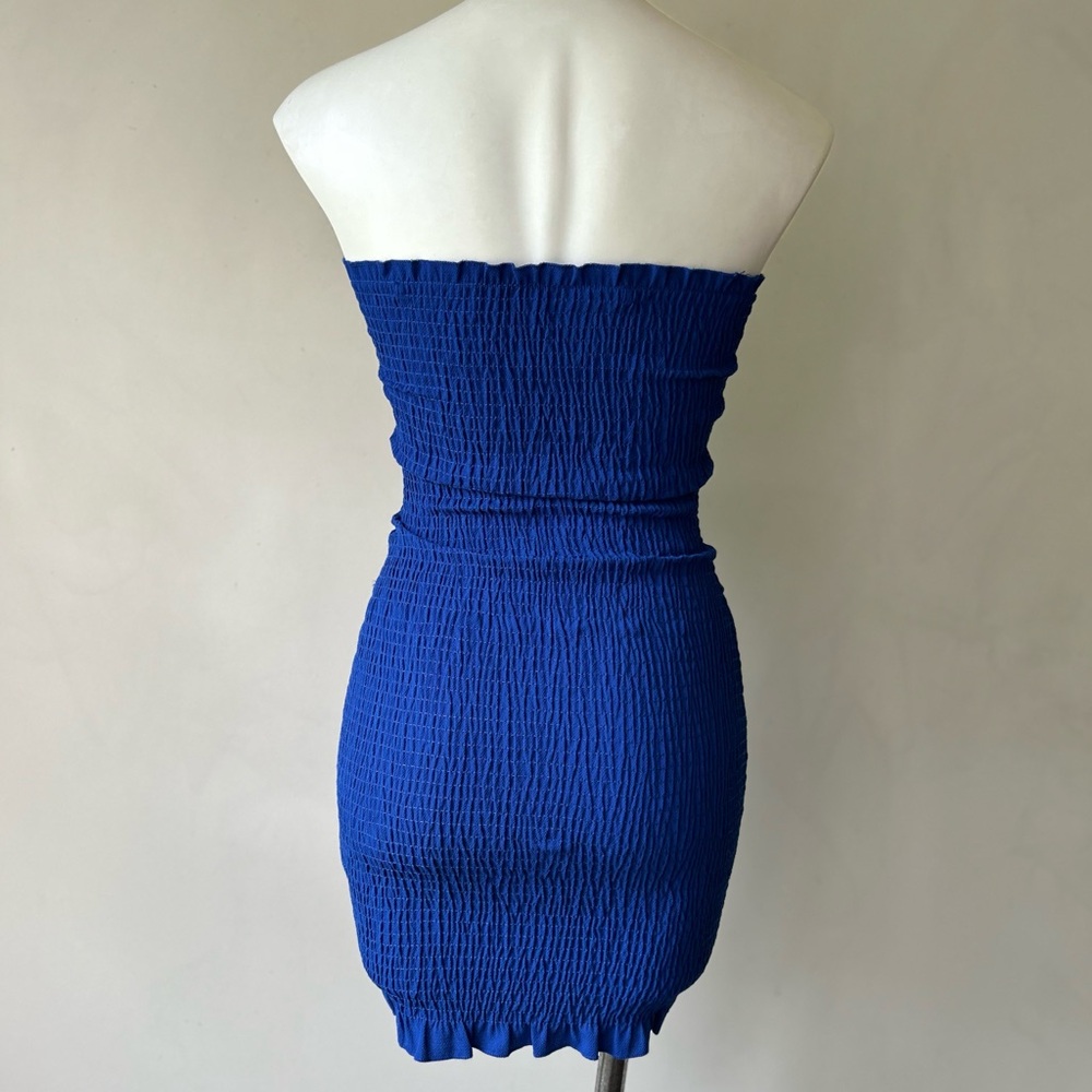 LF Seek The Label Smocked Strapless Ruffled Hem Bodycon Mini Dress, Royal Blue S - Picture 6 of 7
